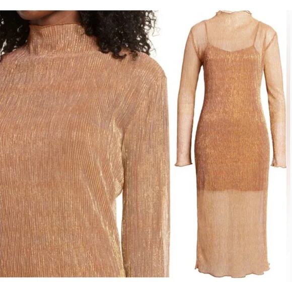 Leith Champagne Gold Long Sleeve Sheer Midi Dress Size 1X NWT Party Holiday NYE - Picture 10 of 16